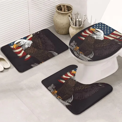 Vista 3 de Juego de 3 alfombras de baño con estampado de águila patriótica de Estados Unidos con estampado de bandera estadounidense, tapete de contorno