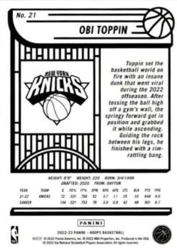 Vista 2 de Panini NBA Hoops #21 Obi Toppin New York Knicks 2022-23 - Tarjeta oficial de baloncesto de la NBA en estado crudo (NM o mejor)