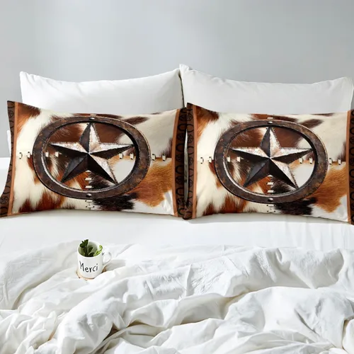 Vista 7 de Juego de ropa de cama de piel de vaca para niños y niñas, funda de edredón con estampado de estrellas de piel de vaca occidental, funda de edredón