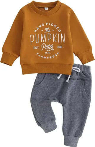 Vista 23 de VISGOGO Conjunto de ropa de otoño e invierno para bebé niño, sudadera de manga larga con estampado de letras + pantalones, 2 piezas A-bubs-marrón