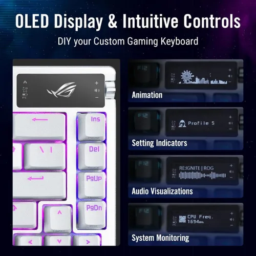 Vista 3 de ASUS Teclado mecánico inalámbrico ROG Azoth para juegos, 75% TKL, conectividad trimodo, interruptores ROG NX Brown prelubricados intercambiables