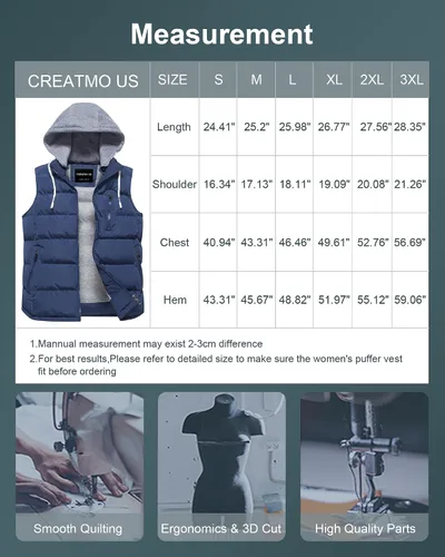 Vista 7 de CREATMO US Chaleco cálido para mujer, chaleco grueso acolchado sin mangas con capucha desmontable
