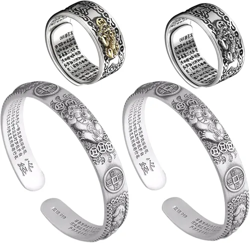 Vista 8 de Pixiu Bracelet Feng Shui Pixiu Ring Set, Chinese Feng Shui Pi Yao Wealth Bracelet, Pixiu Ring Protection Wealth Bring Good Luck and Prosperity for