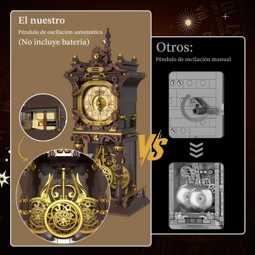 Vista 2 de Juego de bloques de construcción de reloj de péndulo vintage, péndulo móvil que funciona realmente y esfera giratoria, juguetes de bloques