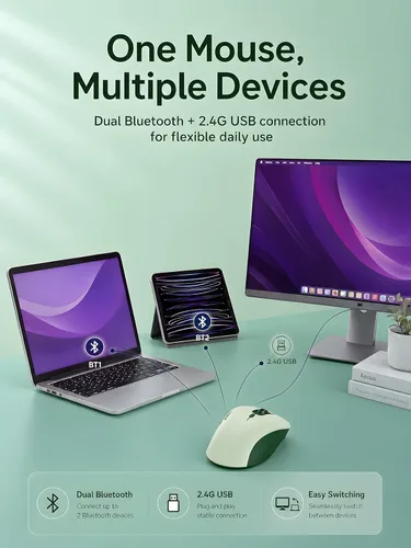 Vista 2 de RAPIQUE Ratón inalámbrico Bluetooth, Bluetooth dual y receptor USB 2.4G, clics silenciosos, mouse ergonómico de 6 botones para mano derecha, DPI