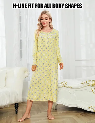 Vista 4 de MZROCR Camisones de algodón para mujer, vestidos de noche de manga larga, ropa de dormir suave para mujer