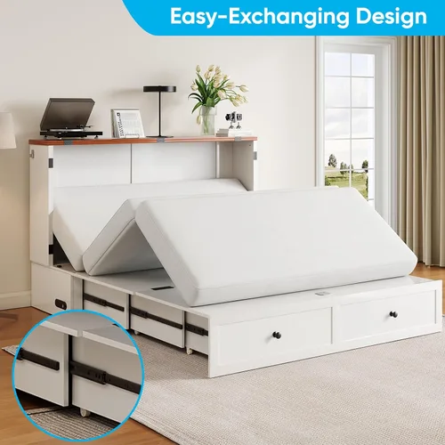 Vista 4 de Mjkone 57" W Full Murphy Bed with Tri-fold Mattress, White