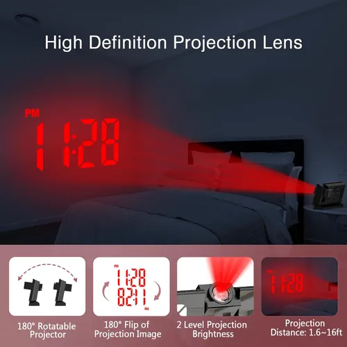 Vista 3 de LOFICOPER Reloj despertador de proyección, reloj digital de espejo de 7.8 pulgadas con proyector giratorio de 180°, brillo de 4 niveles, repetición