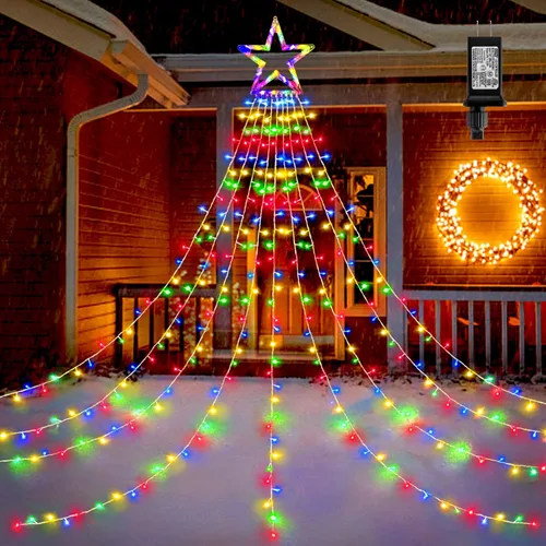 Vista 8 de BlcTec Luces de Navidad para exteriores, 317 luces LED de estrella de Navidad con 9 hebras de luces de árbol de cascada de 11.9 pies, 8 modos