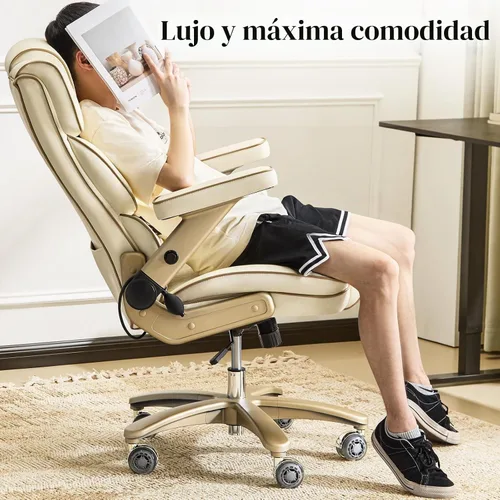 Vista 8 de Silla de oficina grande y alta, 500 libras, reposabrazos 5D, silla ejecutiva de cuero resistente con asiento cómodo, lumbar ajustable, respaldo Beige