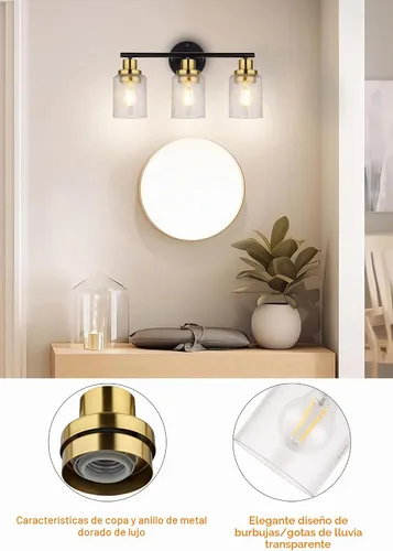Vista 3 de Ldeco Luces de tocador de 3 luces para baño, lámpara de baño negra y dorada con pantalla de vidrio transparente de burbujas, luces modernas