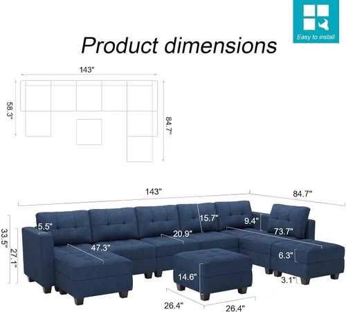 Vista 2 de Belffin Sofá modular de gran tamaño con tumbona reversible, sofá modular convertible con otomana en forma de U, juego seccional con asientos