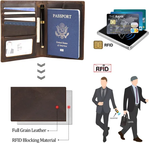 Vista 8 de Polare - Cartera de viaje de cuero de grano completo, plegable, funcional, delgada, con bloqueo RFID, soporte para pasaporte para hombres, Marrón