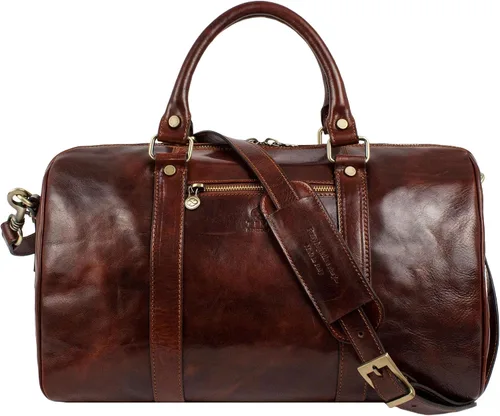 Vista 8 de Time Resistance Bolsa de lona pequeña de cuero de grano completo - Bolsa de gimnasio para fin de semana (marrón coñac)