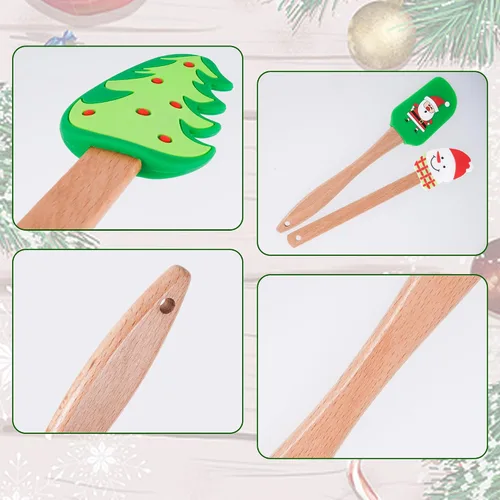 Vista 5 de 8 espátulas de silicona de Navidad para pastel de Navidad con mango de madera, muñecos de nieve, árbol de Navidad, patrón de Papá Noel, decoración