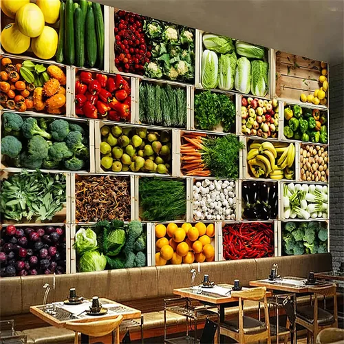 Vista 3 de Papel tapiz fotográfico 3D de frutas y verduras, ingredientes frescos para restaurante y supermercado, papel pintado mural de pared para sala