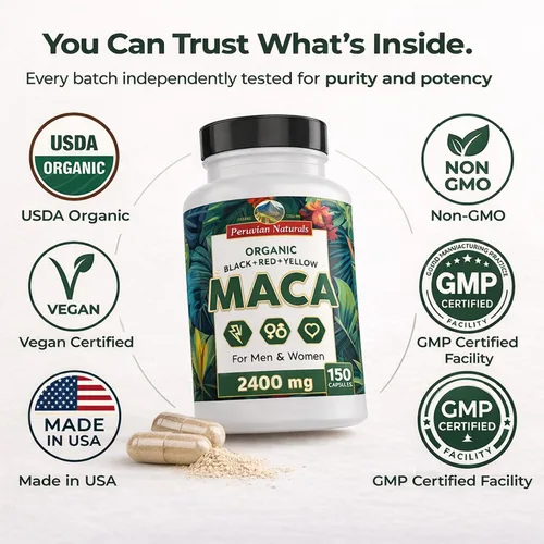 Vista 4 de Cápsulas de raíz de maca orgánica para mujeres y hombres, 2400 mg por porción, 150 píldoras, suplemento de maca negra, roja y amarilla, raíz de maca