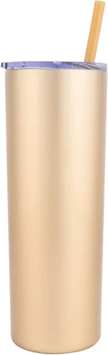 Vista 2 de Vaso delgado de acero inoxidable con popote y tapa, termo personalizado (20 onzas) – Champagne Mate negro