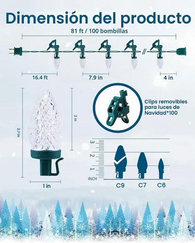Vista 8 de Luces de Navidad C9 para exteriores con 100 clips de resorte de 65 pies, 100 LED, cadena de luces C9, impermeable, conectable, grado comercial