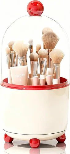 Vista 9 de Soporte para brochas de maquillaje con tapa, organizador de herramientas cosméticas con tapa, apertura deslizante giratoria de 360°, contenedor