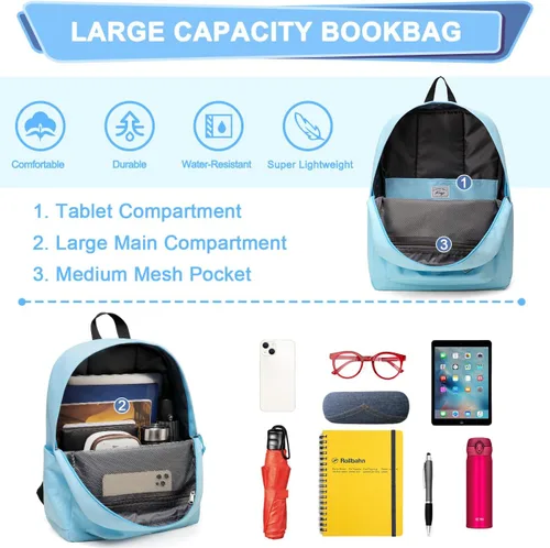 Vista 4 de Kasqo Mochila para mujeres y hombres, mochila clásica ligera y resistente al agua para adolescentes, niñas, niños, mochila informal de viaje escolar