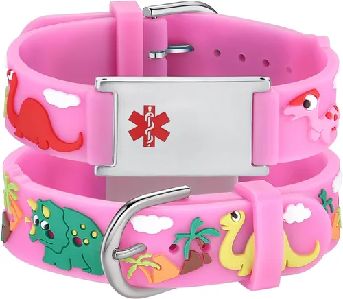 Vista 19 de LinnaLove Medical Alert ID Bracelet – Custom or Pre-Engraved, QR Code Available,Blue Dinosaur Band