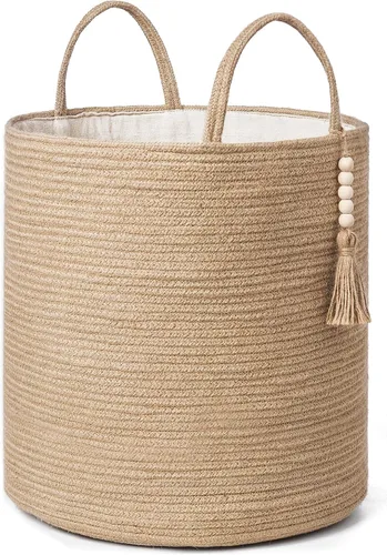 Vista 10 de Mkono - Canasta de almacenamiento tejida, canasta decorativa de cuerda natural con cuentas de madera para mantas, juguetes, ropa, zapatos y plantas