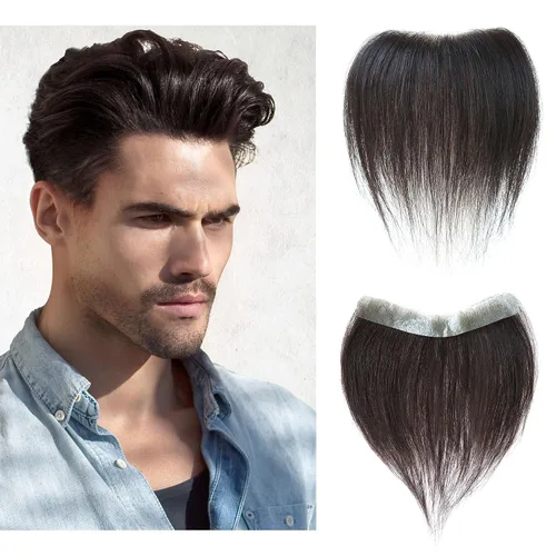 Vista 8 de Extensión frontal de cabello rubio claro para hombres, extensión de cabello lacio con pérdida de línea de cabello humano con cinta adhesiva