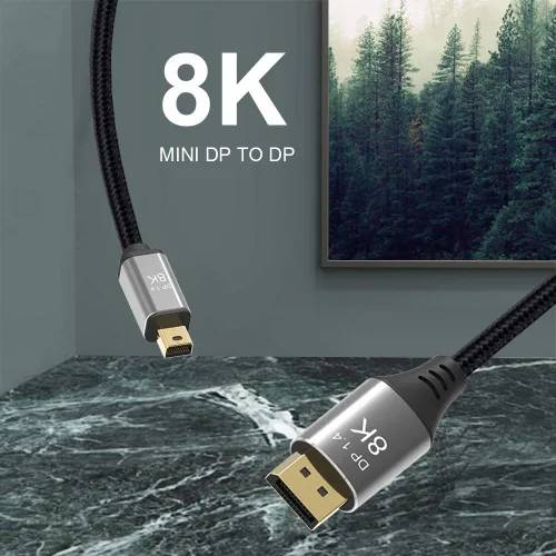 Vista 5 de Cable Mini DP a DisplayPort 8K de 3.3 pies de 3.3 ft, 8K a 60Hz, 4K a 144Hz, transmisión bidireccional, compatible con Macbook, Surface Pro, TV