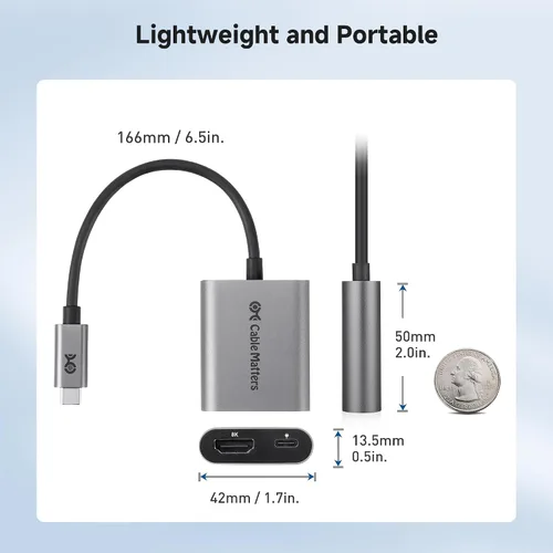 Vista 8 de Cable Matters - Adaptador USB C a HDMI 2.1 de 48 Gbps con carga de 100 W 4K @240Hz / 8K @60Hz HDR, Max 4K @60Hz en macOS, compatible