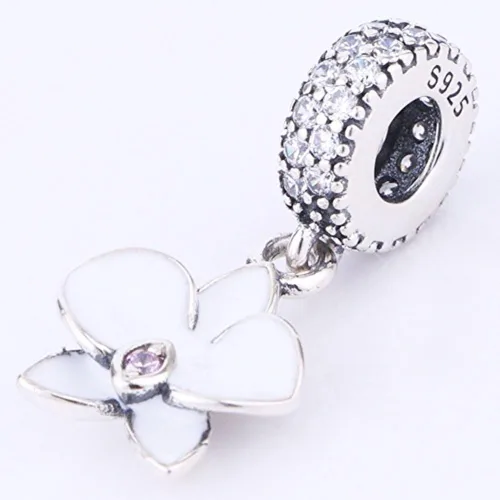 Vista 3 de Junyi Jewelry Abalorio de orquídea de plata de ley 925 con diseño de flor, para cumpleaños, aniversario, Navidad, para pulsera Pandora