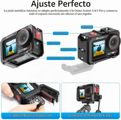 Vista 2 de AMAZEAR Jaula de metal para DJI Osmo Action 5 Pro, DJI Action3/4/5 Pro Premium Accessories Funda protectora multifunción carcasa de aluminio