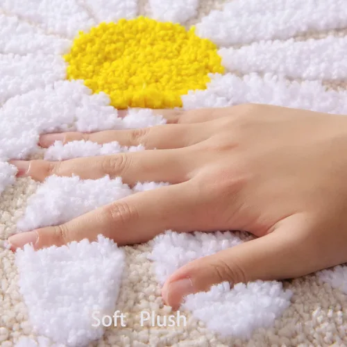 Vista 2 de QJHOMO Alfombra de baño beige con diseño de margaritas, decoración de flores blancas y amarillas, alfombra antideslizante de microfibra, súper