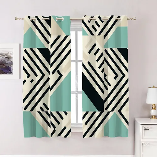 Vista 33 de Cortinas geométricas de cocina para ventanas, color negro, blanco, turquesa, cenefas opacas de poliéster multicapa para cocina, paquete de 2