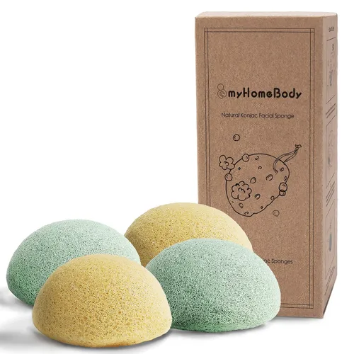 Vista 9 de myHomeBody Esponjas faciales naturales de Konjac - para una limpieza y exfoliación facial suave - con carbón activado y aloe vera, juego de 4