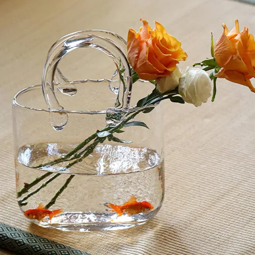 Vista 5 de MSUIINT Jarrón de vidrio transparente con asa, florero creativo de burbujas, florero transparente con forma de bolso, florero de flores para sala