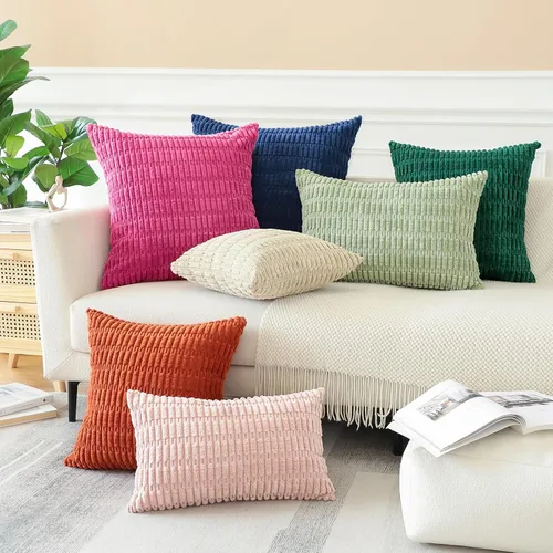 Vista 5 de OTOSTAR - Paquete de 2 fundas de almohada decorativas de pana suave de 18 x 18 pulgadas, funda de cojín a rayas estilo bohemio para sofá, cama, sala