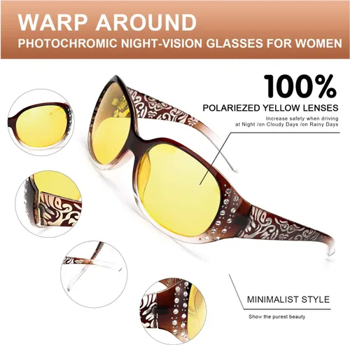 Vista 30 de LVIOE Gafas de conducción de visión nocturna envolventes antirreflejos con lente amarilla polarizada para mujer