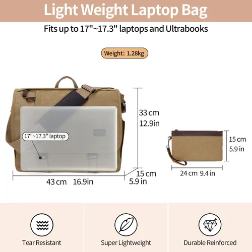 Vista 6 de NerIion Bolsa de Mensajero para Hombres de 17-17.3 Pulgadas, Bolsa de Laptop de Lona Resistente al Agua, Bolsa de Hombro, Maletín de Trabajo, Marrón