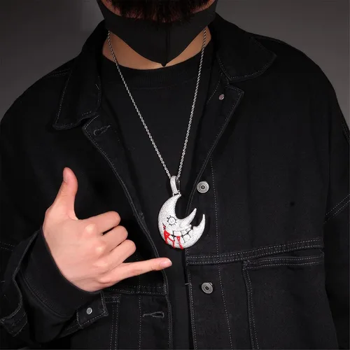 Vista 9 de ICEDIAMOND Shiny CZ Simulated Diamond Grinning Crescent Moon Necklace, Iced Out Zircon Gothic New Moon Pendant, Gold Plated Hip Hop Charm Jewelry