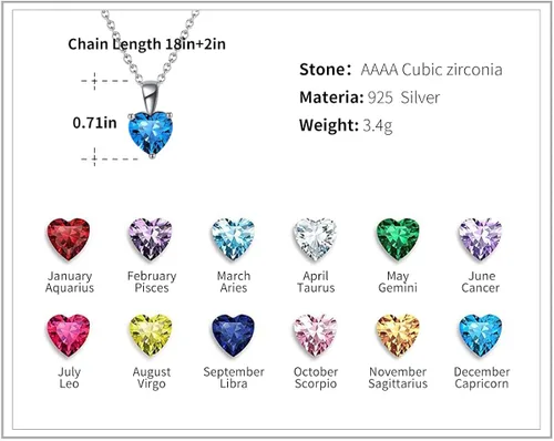 Vista 6 de valunell Love-Heart - Collar con colgante de plata de ley 925 con circonita cúbica collar de piedra natal regalos de joyería para mujeres y niñas 18