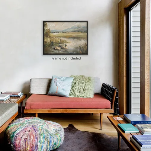 Vista 5 de Haitunone Póster de estanque de pato real con animales de granja, arte de pared, pintura de pato vintage, pintura al óleo, cazador de pájaros