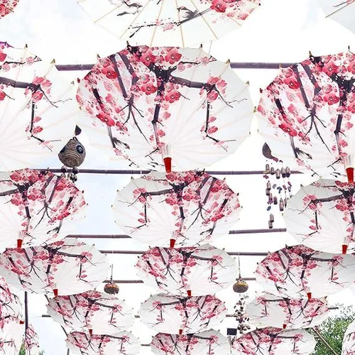 Vista 6 de AYNEFY Paraguas de papel aceitado hecho a mano, arte chino, clásica, danza, ciruelo, flor de ciruelo, paraguas para bodas, fiestas, fotografía