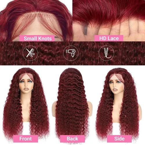 Vista 3 de Pelucas de cabello humano con encaje frontal de 13 x 6 pulgadas, color borgoña 99j