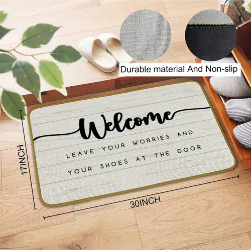 Vista 3 de Burosev Felpudo decorativo con texto en inglés "Welcome Leave Your Worries and Your Shoes at The Door", tapete decorativo sin zapatos, decoración