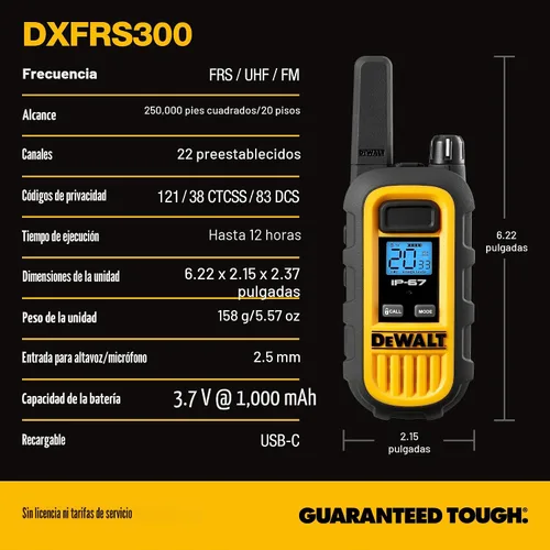 Vista 8 de DEWALT DXFRS300 - Walkie talkies resistentes de 1 vatio, impermeable, resistente a los golpes, largo alcance y radio bidireccional recargable