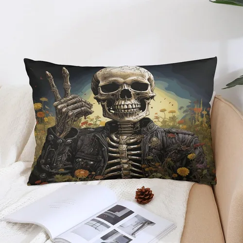 Vista 4 de Funda de almohada divertida de calavera de Halloween de 12 x 20 pulgadas, funda de almohada rústica de Halloween con cremallera oculta, suave