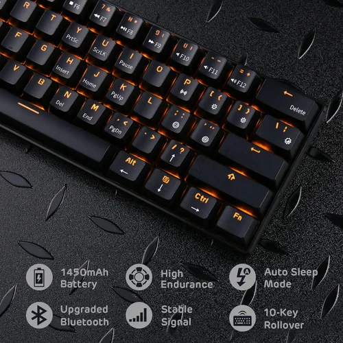 Vista 6 de Royal Kludge RK61 teclado con cableinalámbrico de 61 teclas, Bluetooth 3.0, multidispositivo amarillo con ledes amarillas, teclado