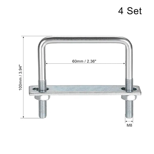 Vista 6 de uxcell Pernos cuadrados en U de 1 "(25 mm) de ancho interior de acero al carbono M8 con tuercas, placa de marco, arandelas redondas, juego de 4