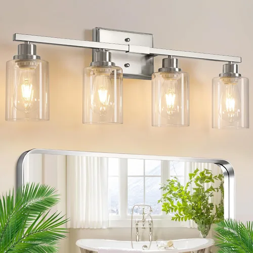 Vista 15 de Ascher Apliques de pared de 2 luces, moderna lámpara de tocador con pantalla de vidrio transparente, lámpara de pared de níquel cepillado